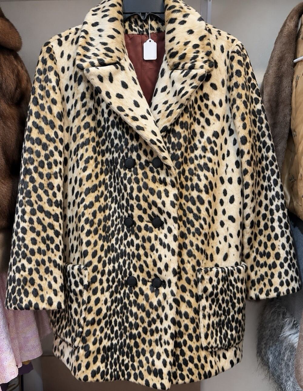 Luxury Pile Faux Fur Leopard Cheetah Print Coat Women’s XS Double Breasted